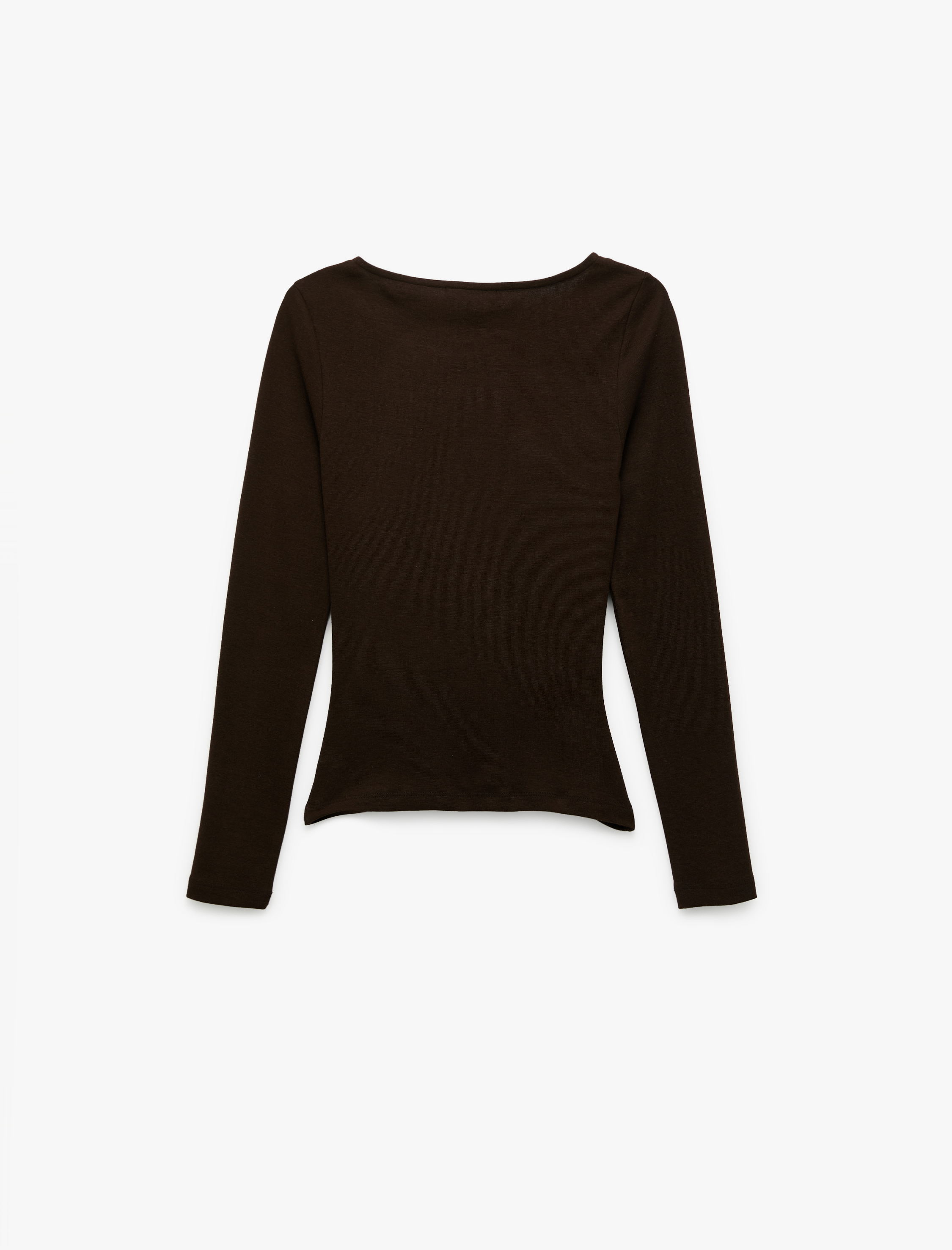   Pamuklu Slim Fit Kayık Yaka Drapeli Uzun Kollu Tişört