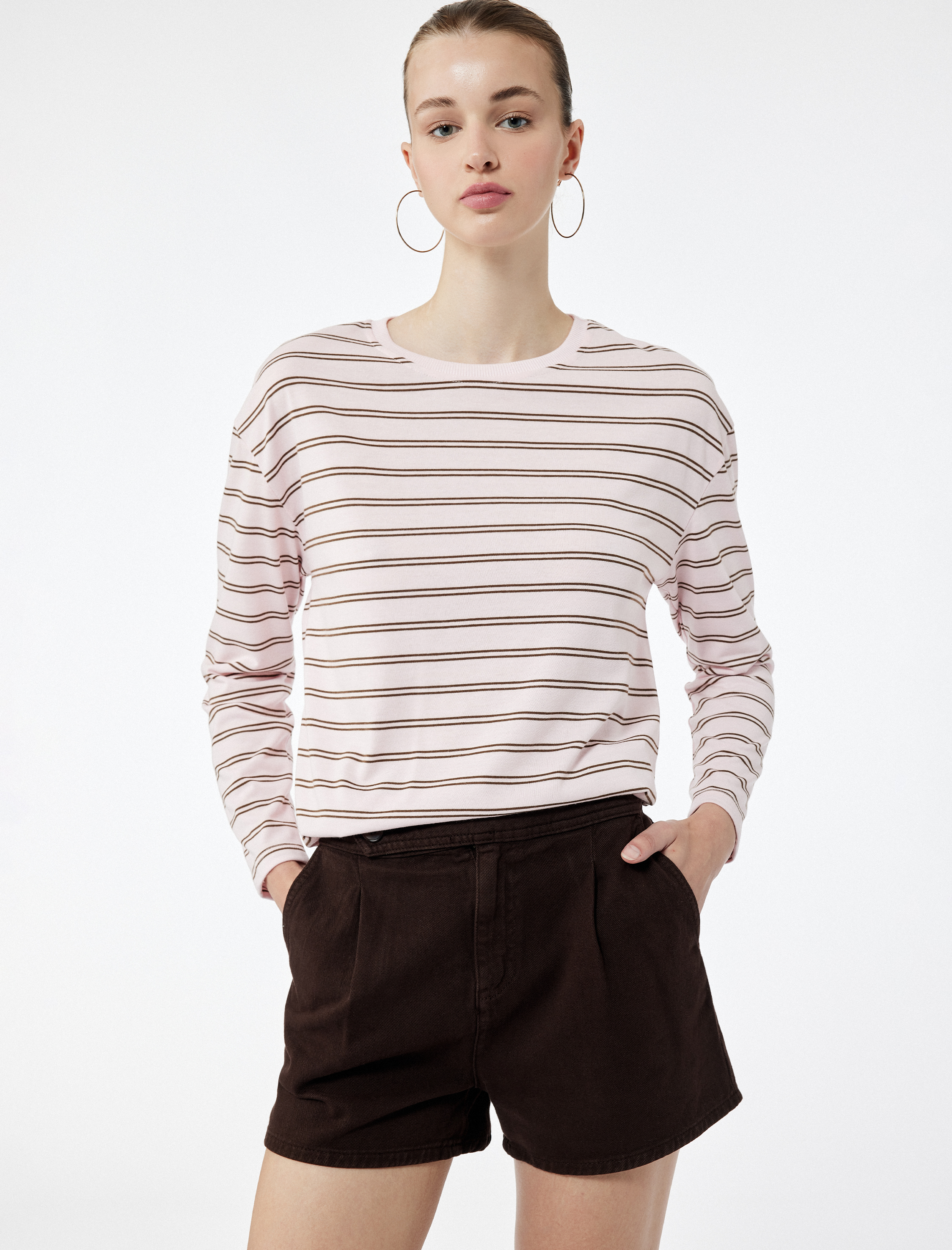   Uzun Kollu Bisiklet Yaka Çizgili Tişört