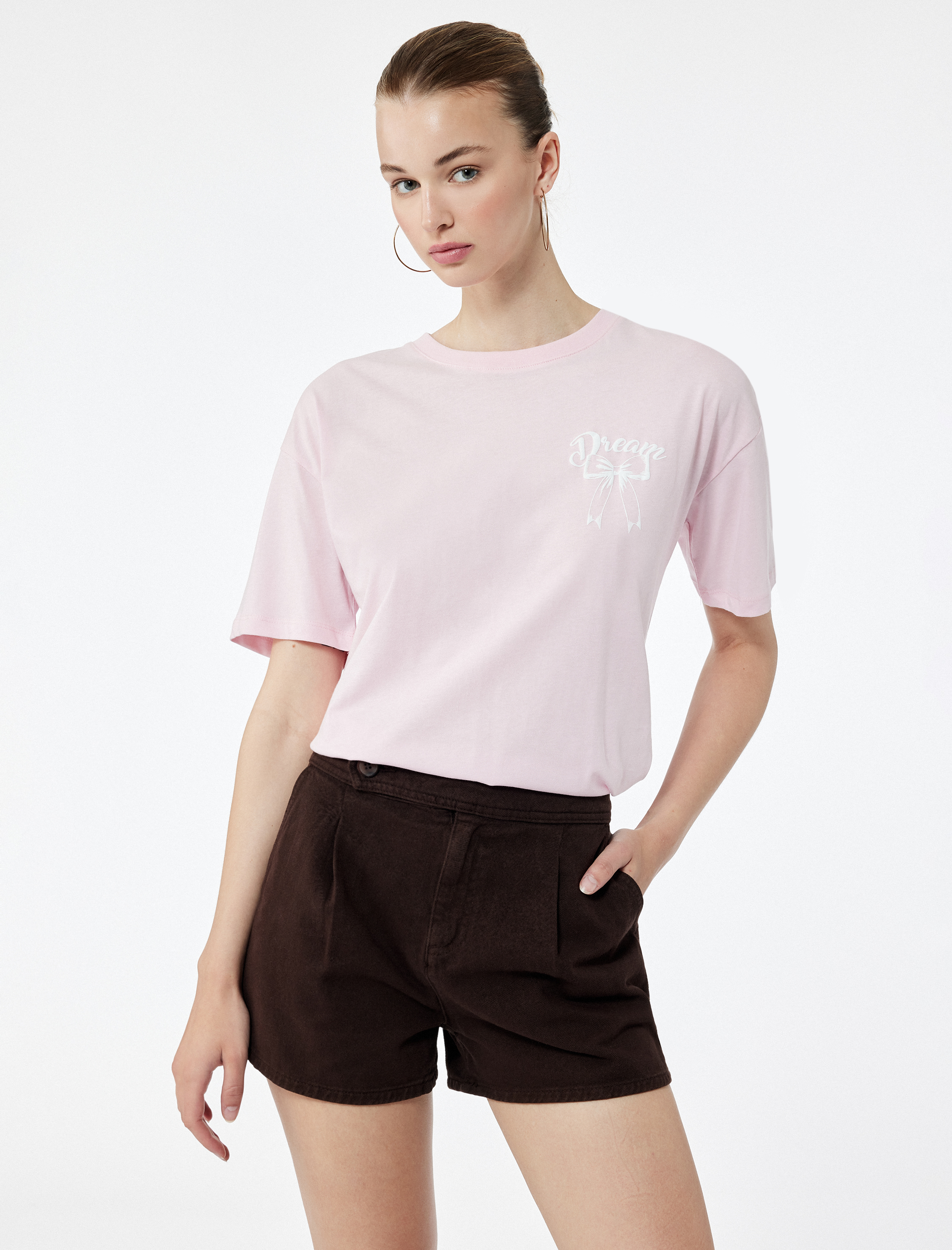   Kısa Kollu Bisiklet Yaka Pamuklu Arkası Baskılı Fiyonklu Oversize Tişört