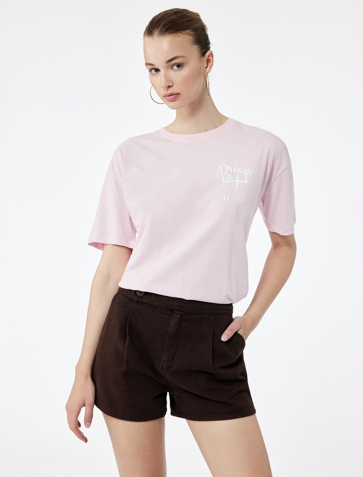  Kısa Kollu Bisiklet Yaka Pamuklu Arkası Baskılı Fiyonklu Oversize Tişört