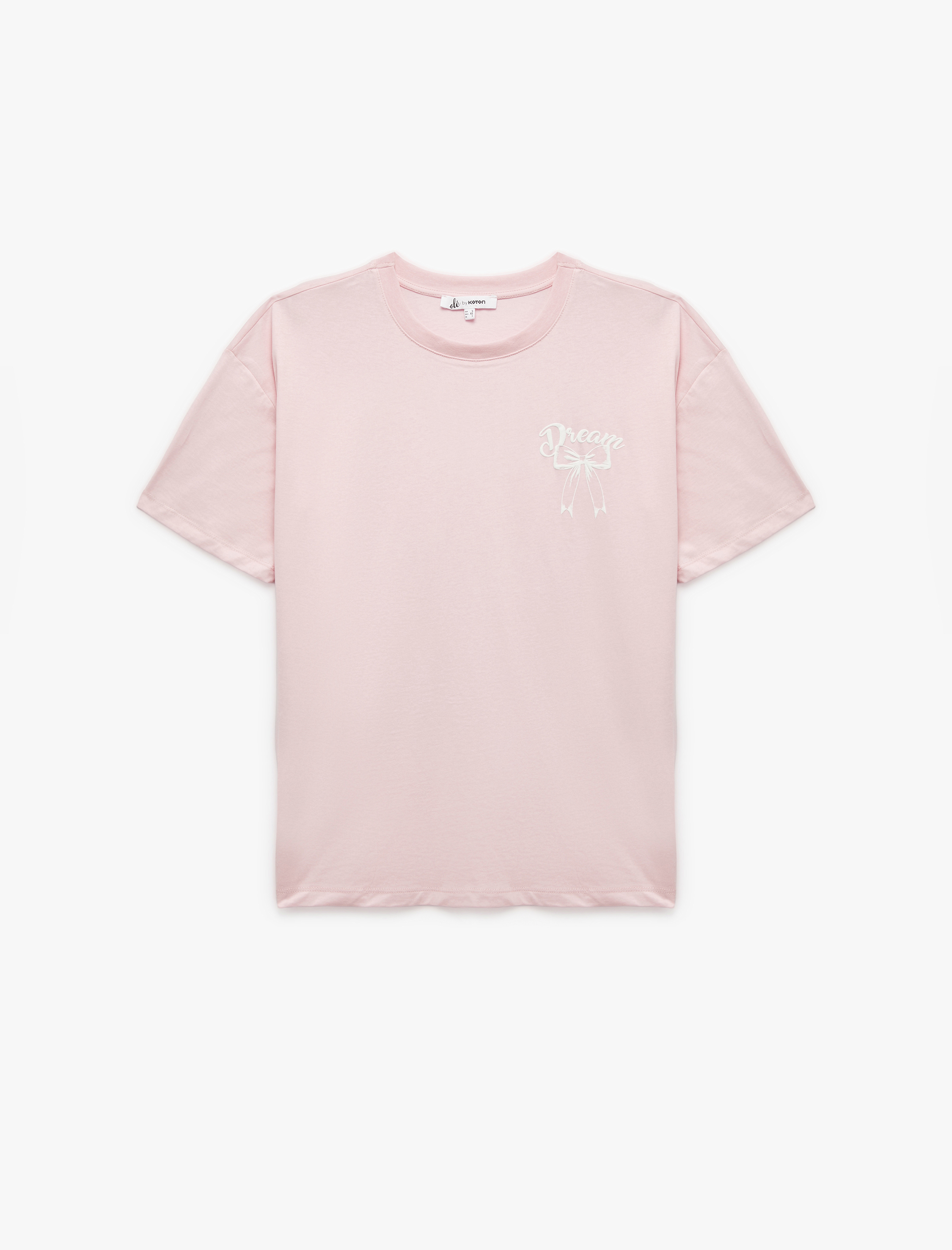   Kısa Kollu Bisiklet Yaka Pamuklu Arkası Baskılı Fiyonklu Oversize Tişört