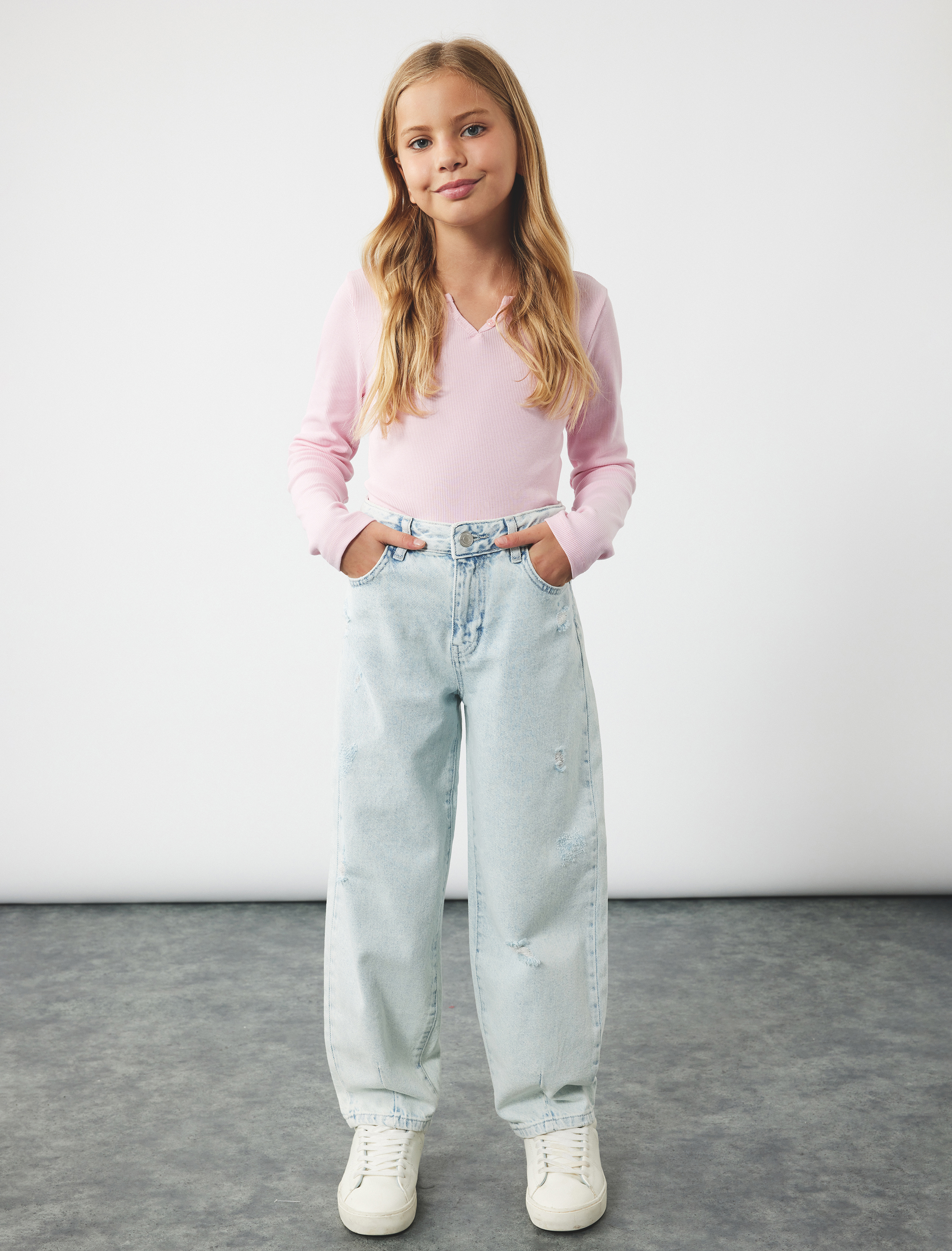  Kız Çocuk Pamuklu Cep Detaylı Paraşüt Kesim Denim Pantolon