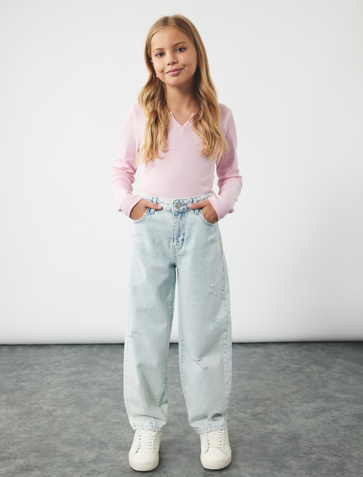 Kız Çocuk Pamuklu Cep Detaylı Paraşüt Kesim Denim Pantolon