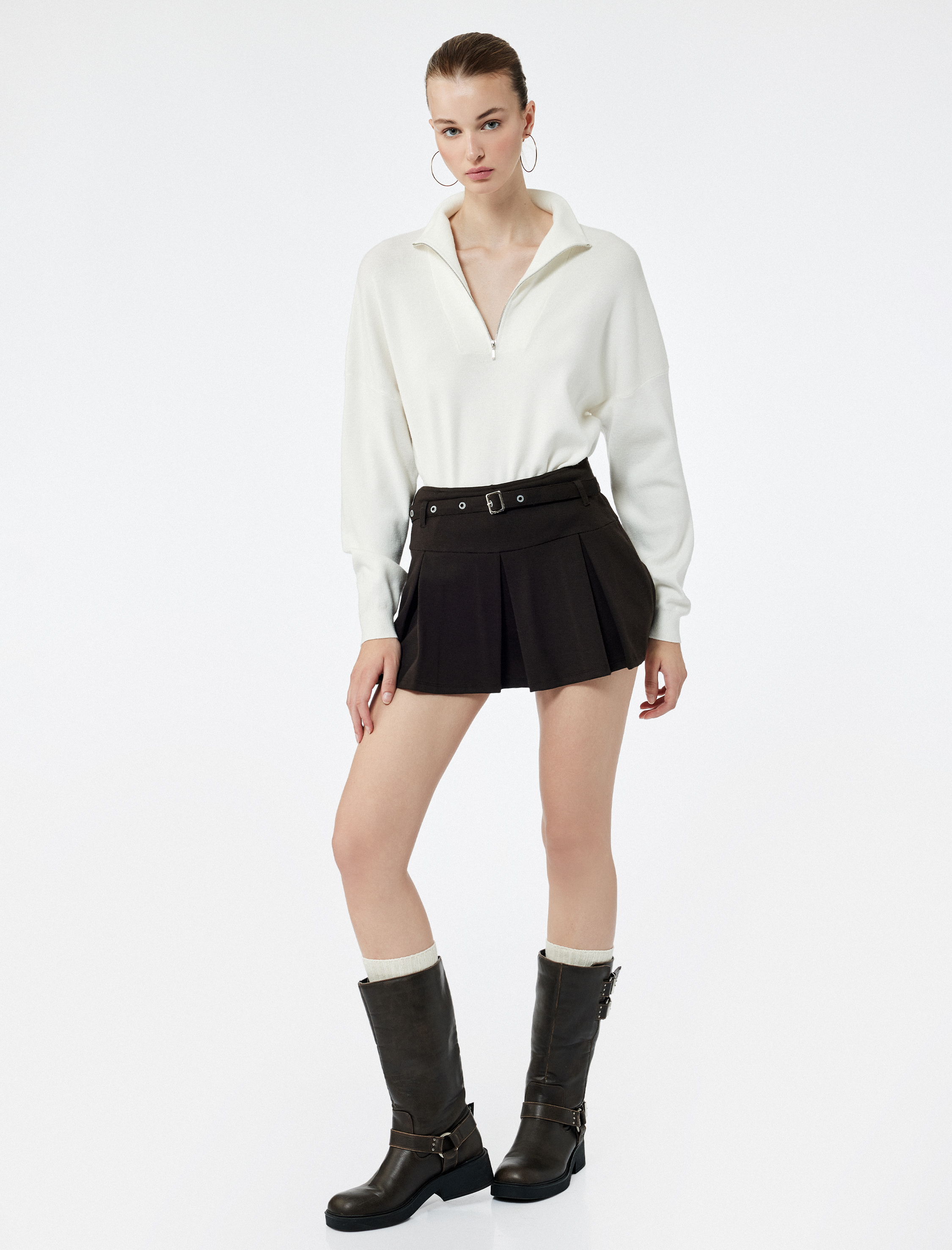   Viskon Karışımlı Uzun Kollu Yarım Fermuarlı Triko Kazak