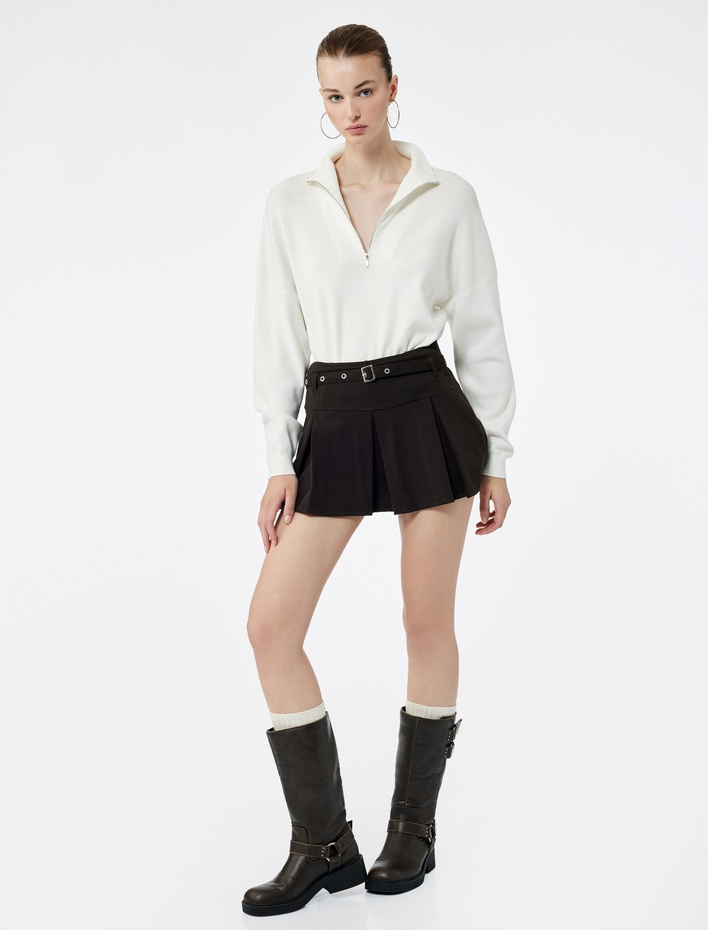  Viskon Karışımlı Uzun Kollu Yarım Fermuarlı Triko Kazak