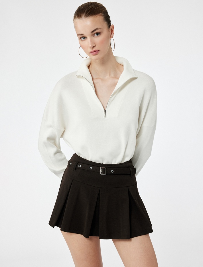  Viskon Karışımlı Uzun Kollu Yarım Fermuarlı Triko Kazak