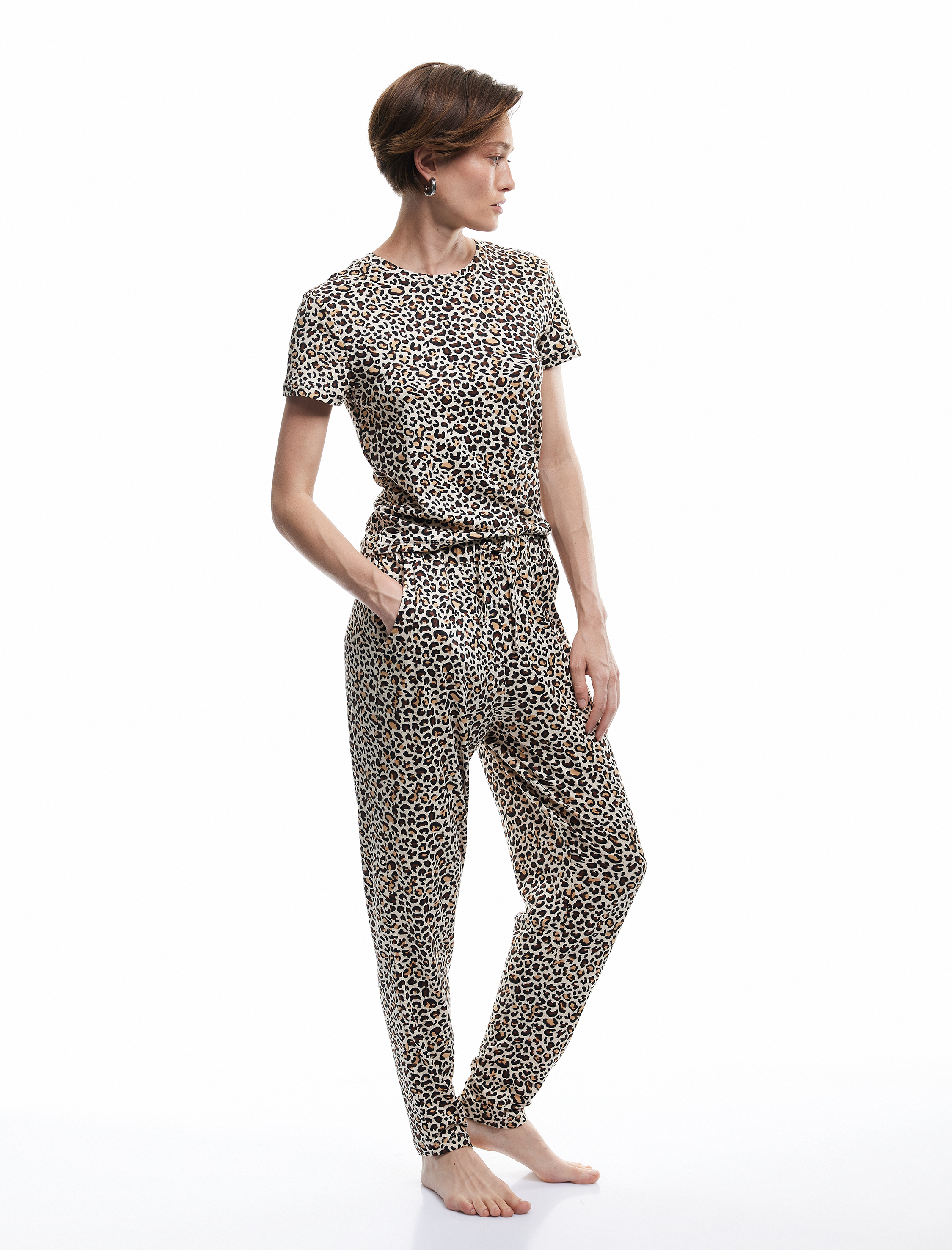   Rahat Kalıp Cepli Leopar Desenli Pijama Altı