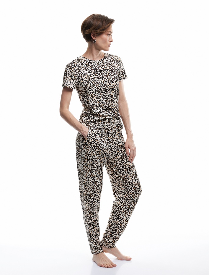  Rahat Kalıp Cepli Leopar Desenli Pijama Altı