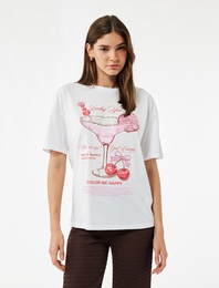 Kısa Kollu Rahat Kesim Bisiklet Yaka Baskılı Tişört