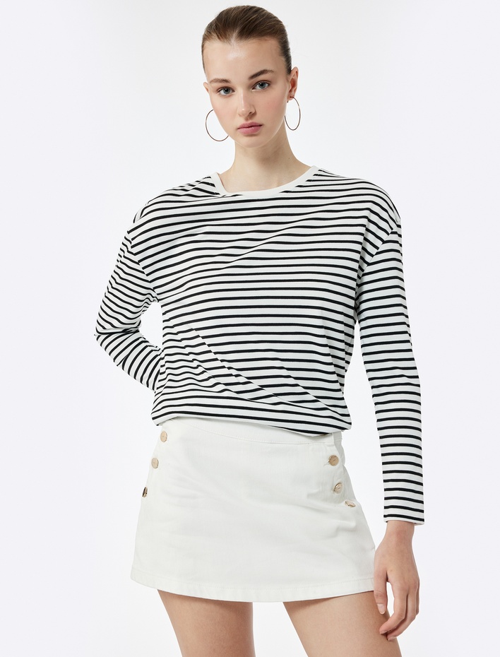  Uzun Kollu Bisiklet Yaka Çizgili Tişört