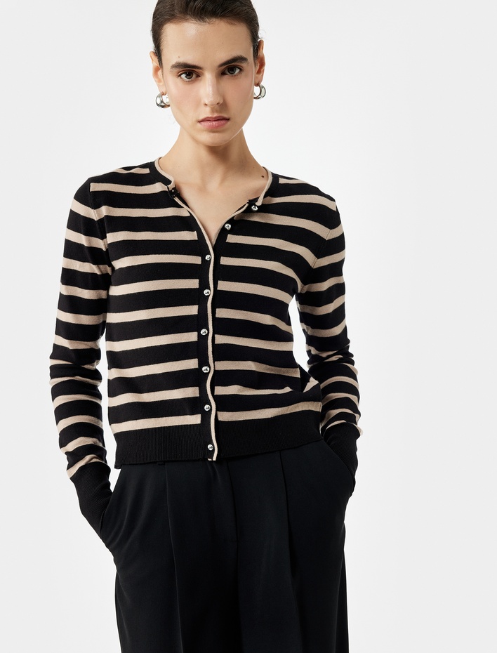  Uzun Kollu Bisiklet Yaka Çizgili Triko Hırka