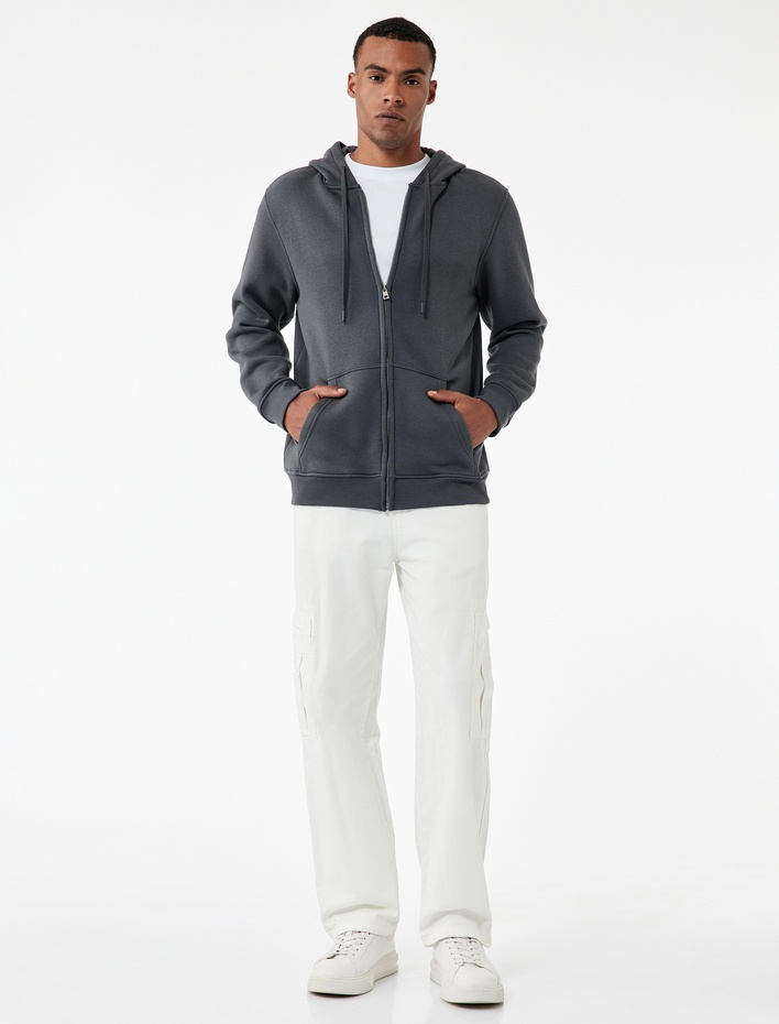  Uzun Kollu Şardonlu Cep Detaylı Fermuarlı Hırka