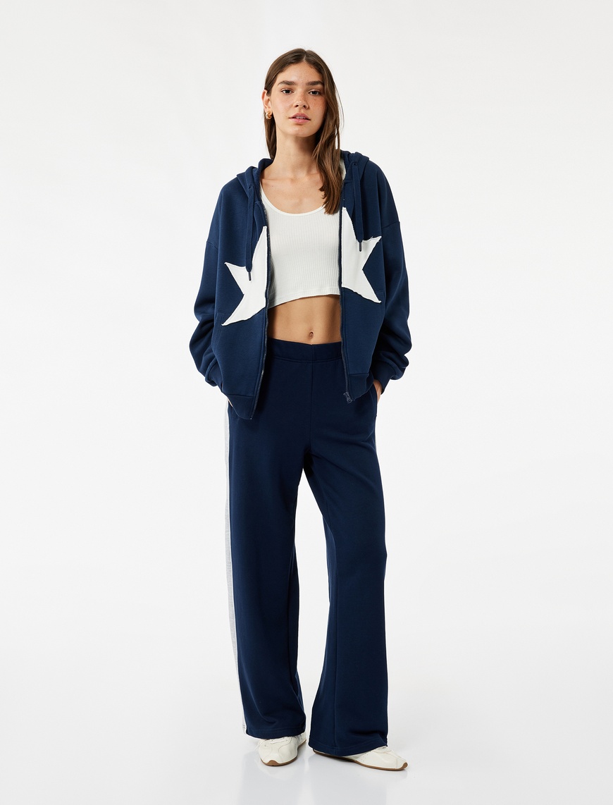   Yıldız Baskılı Şardonlu Kapüşonlu Kanguru Cepli Oversize Fermuarlı Sweatshirt