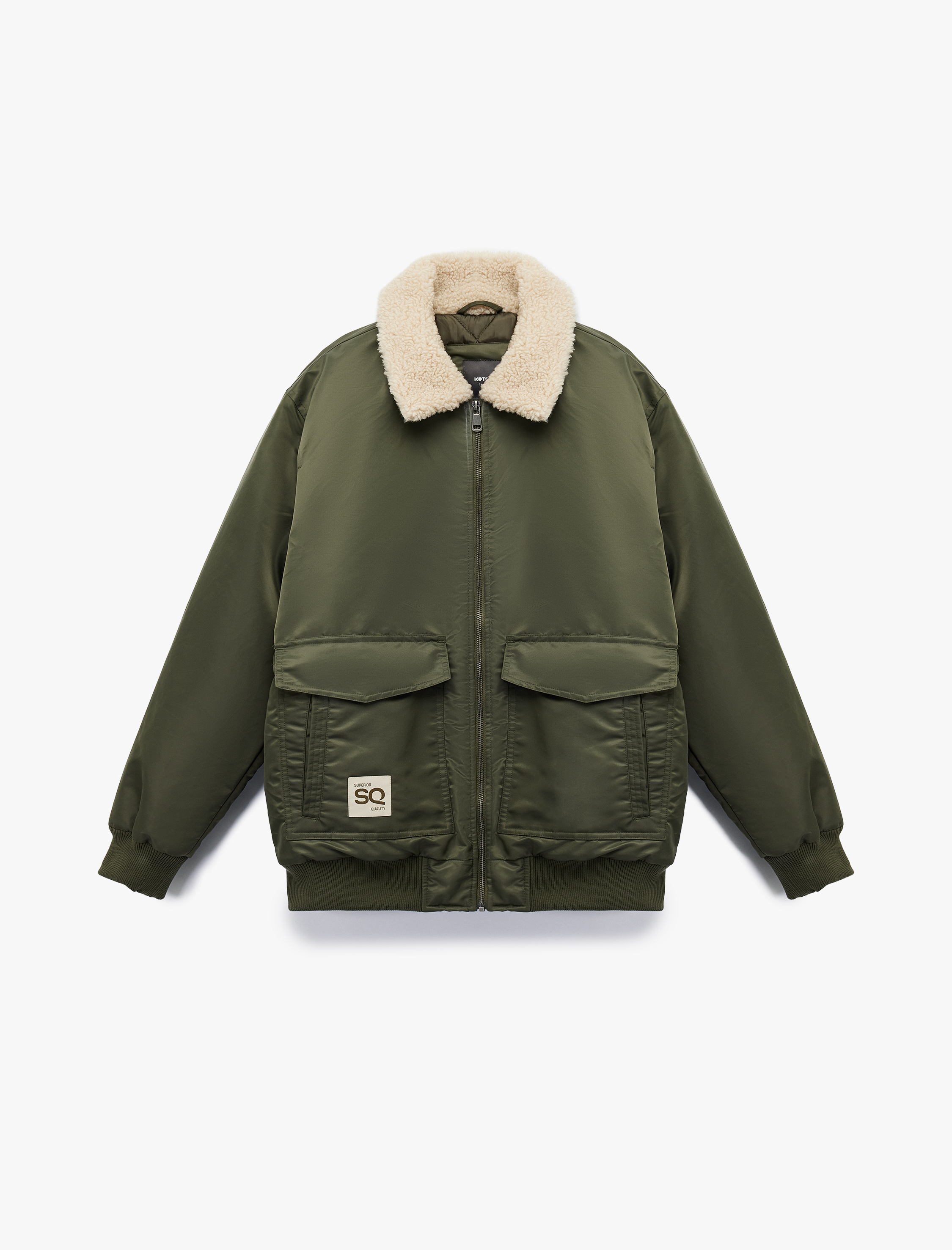 Uzun Kollu Cepli Etiket Detaylı Peluş Yaka Kışlık Mont