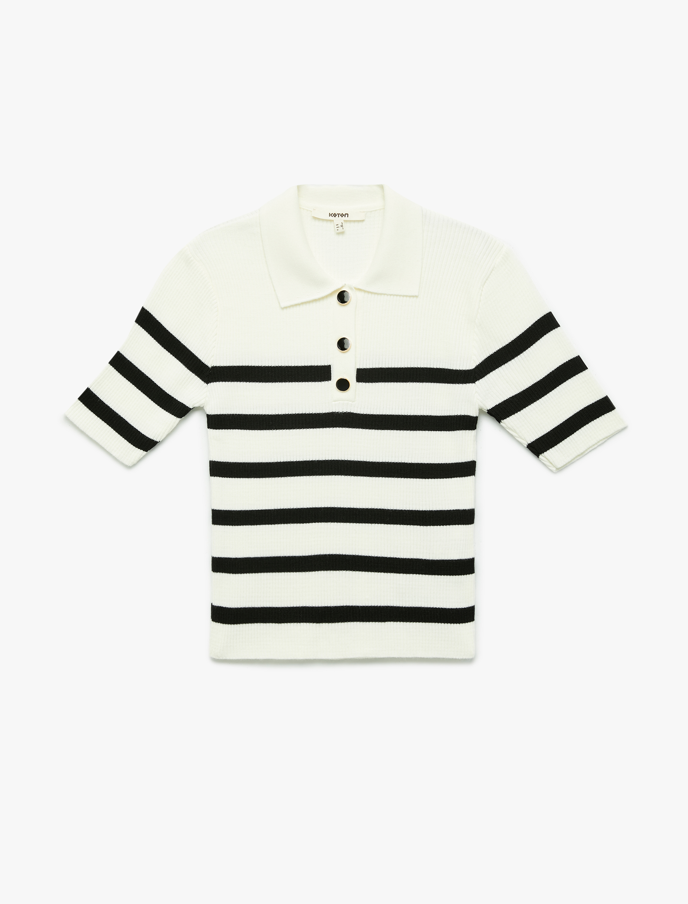   Düğmeli Kısa Kollu Çizgili Triko Polo Yaka Kazak