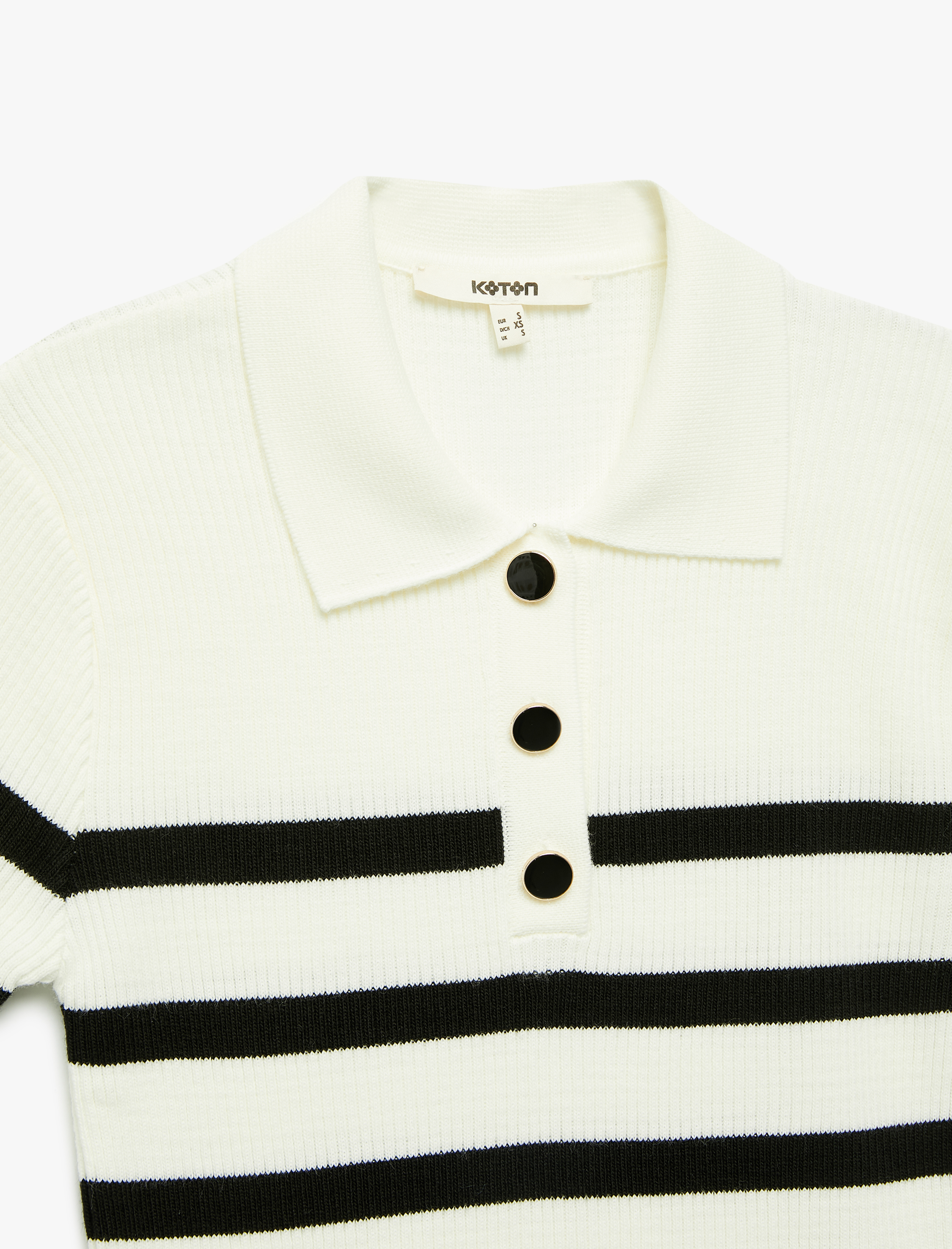   Düğmeli Kısa Kollu Çizgili Triko Polo Yaka Kazak