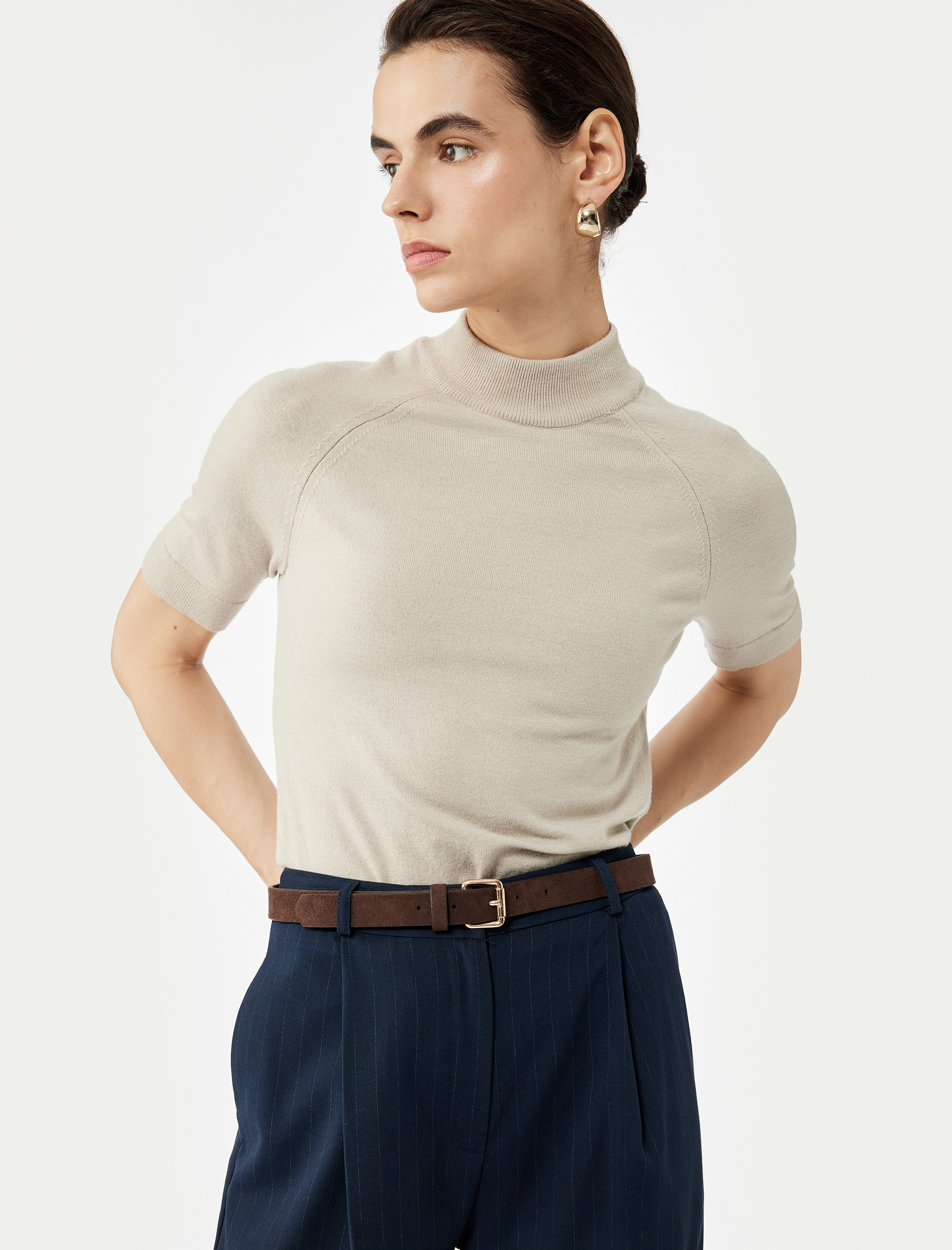   Rayon Kumaş Kısa Kollu Dik Yaka Triko Kazak