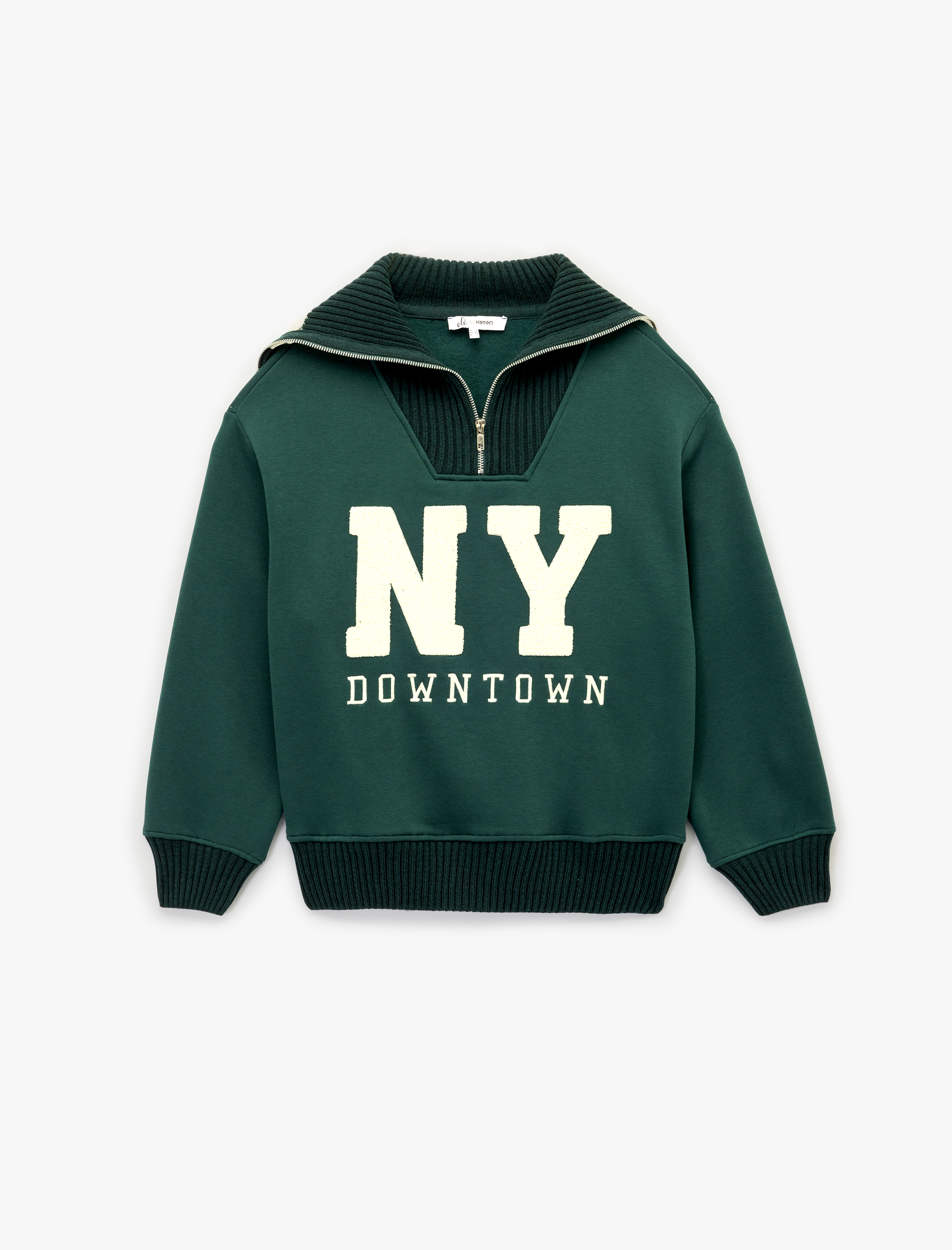   Şardonlu Uzun Kollu Yarım Fermuarlı Ayıcık Nakışlı Oversize Sweatshirt