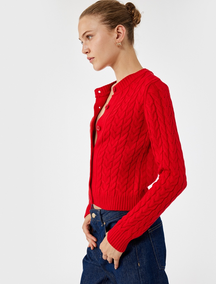  Uzun Kollu Bisiklet Yaka Düğmeli Saç Örgü Hırka