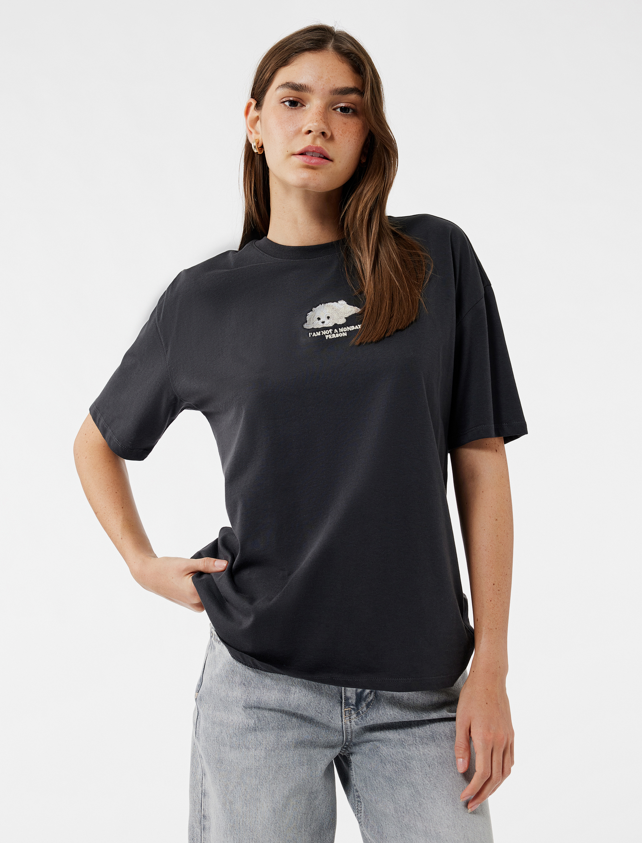 Nakış Detaylı Rahat Kalıp Bisiklet Yaka Kısa Kollu Tişört