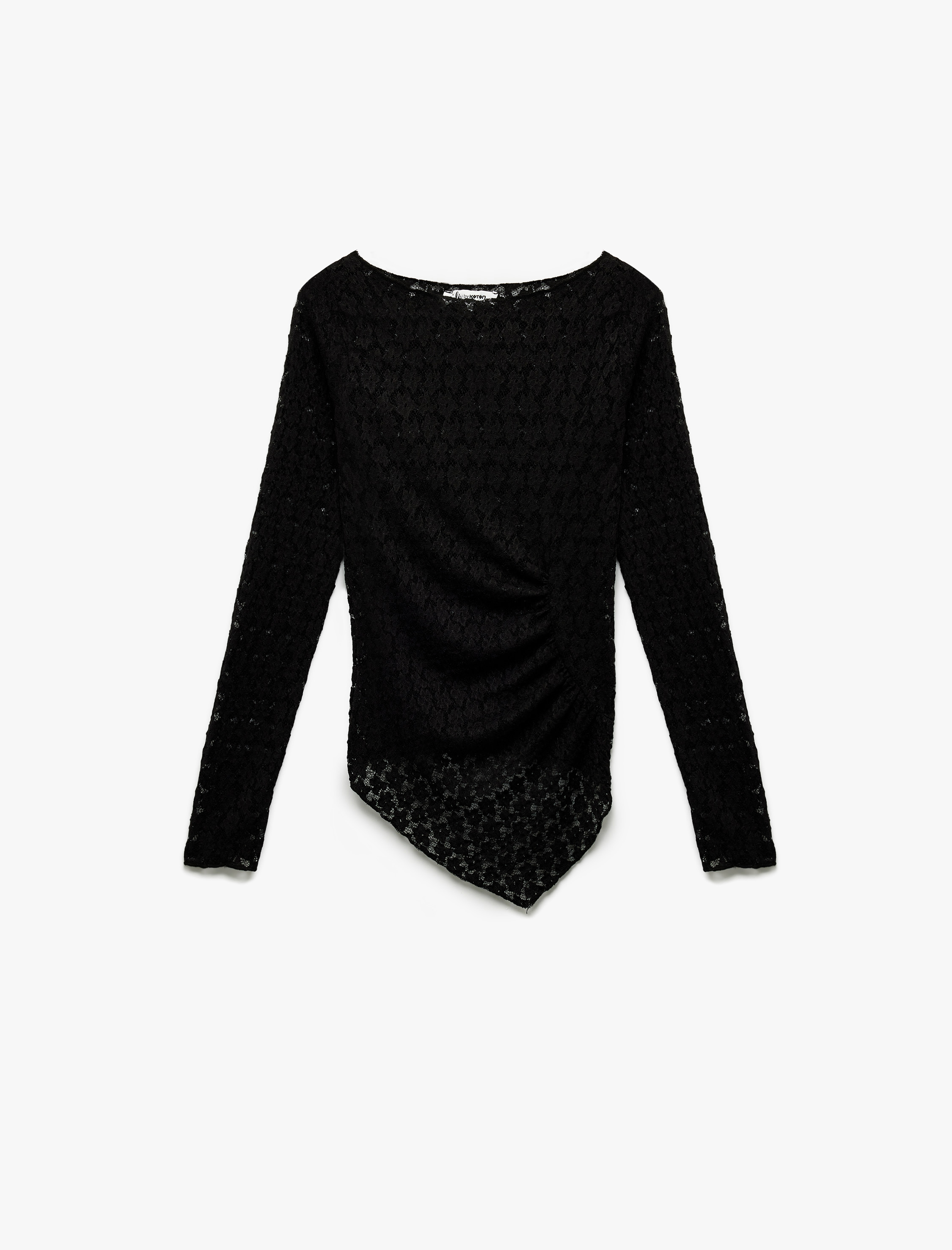   Dantel Detaylı Uzun Kollu Kayık Yaka Asimetrik Kesim Tişört