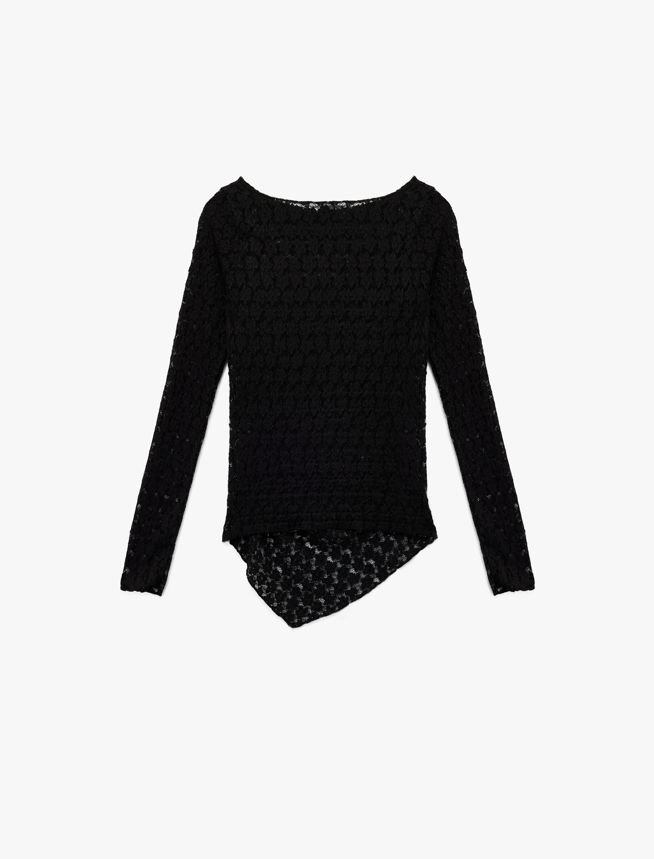   Dantel Detaylı Uzun Kollu Kayık Yaka Asimetrik Kesim Tişört