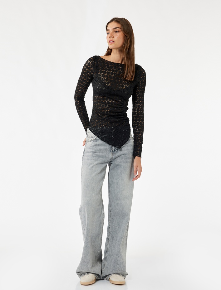  Dantel Detaylı Uzun Kollu Kayık Yaka Asimetrik Kesim Tişört