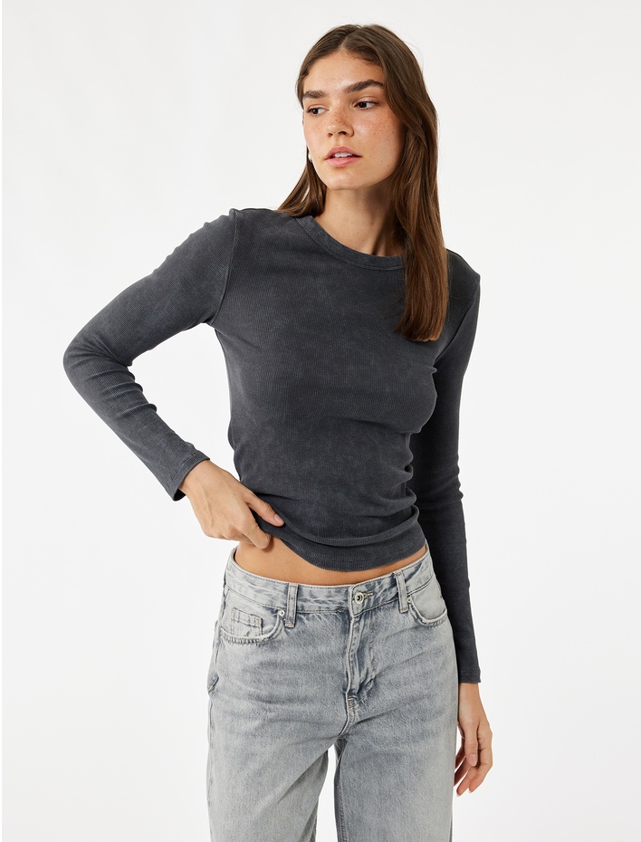  Uzun Kollu Bisiklet Yaka Yıkamalı Pamuklu Basic Tişört