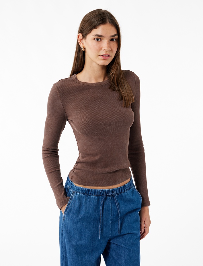  Uzun Kollu Bisiklet Yaka Yıkamalı Pamuklu Basic Tişört