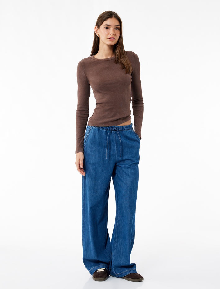  Uzun Kollu Bisiklet Yaka Yıkamalı Pamuklu Basic Tişört