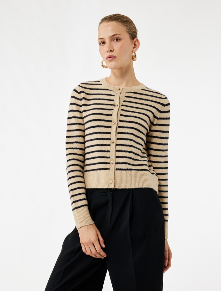  Uzun Kollu Bisiklet Yaka Çizgili Triko Hırka