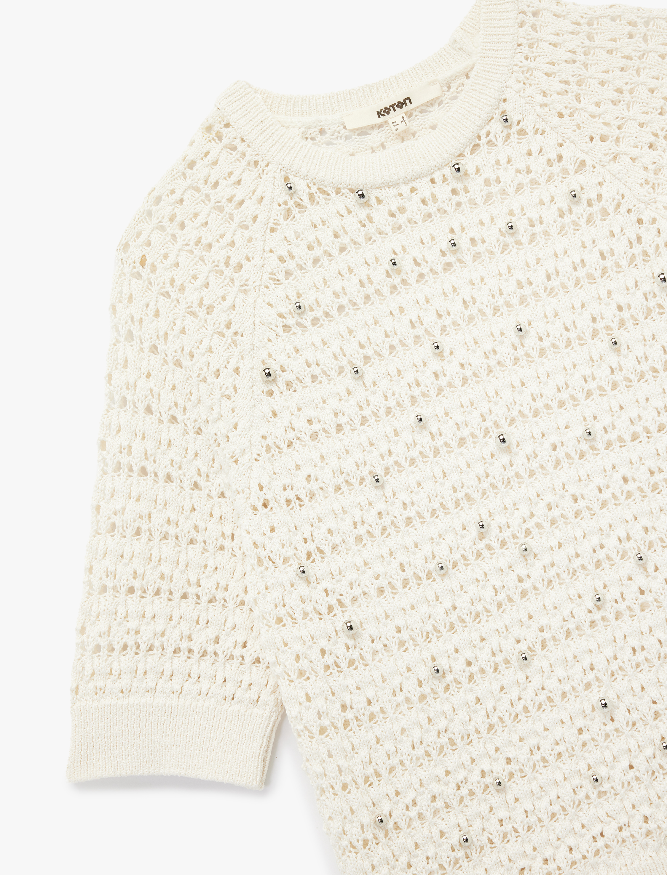   Kısa Kollu Bisiklet Yaka Boncuk İşlemeli Ajurlu Örgü Kazak