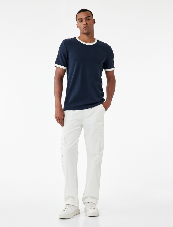  Kısa Kollu Bisiklet Yaka Tok Kumaş Renk Kontrastlı Pamuklu Slim Fit Tişört