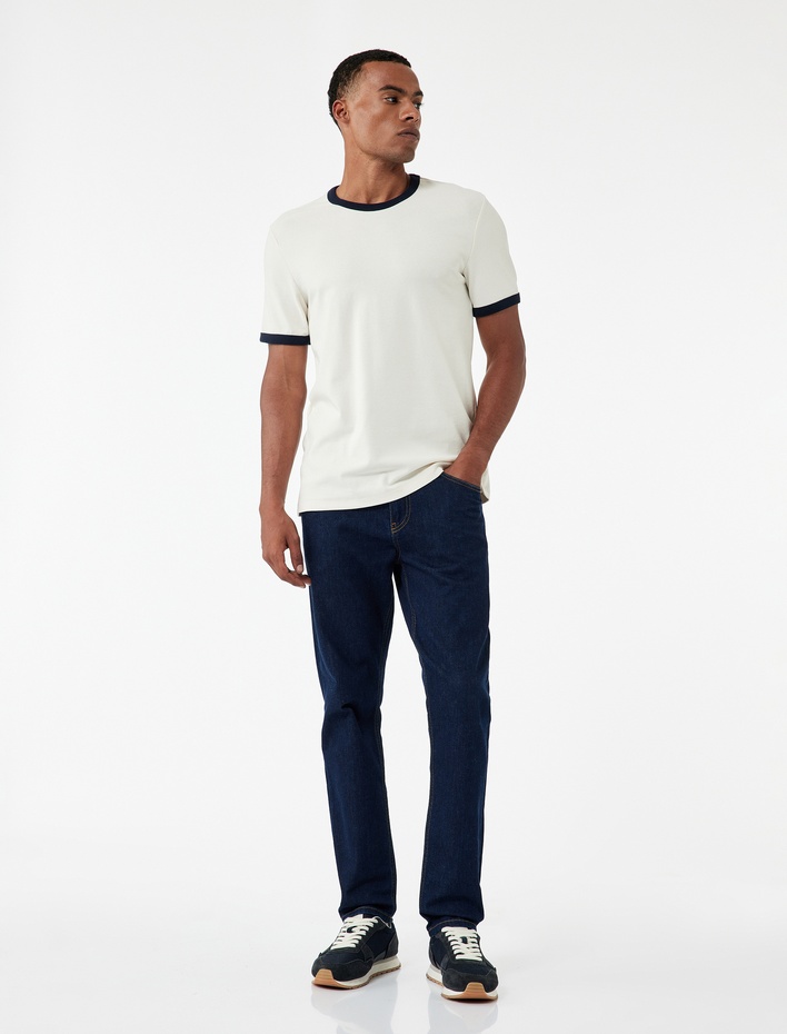  Kısa Kollu Bisiklet Yaka Tok Kumaş Renk Kontrastlı Pamuklu Slim Fit Tişört