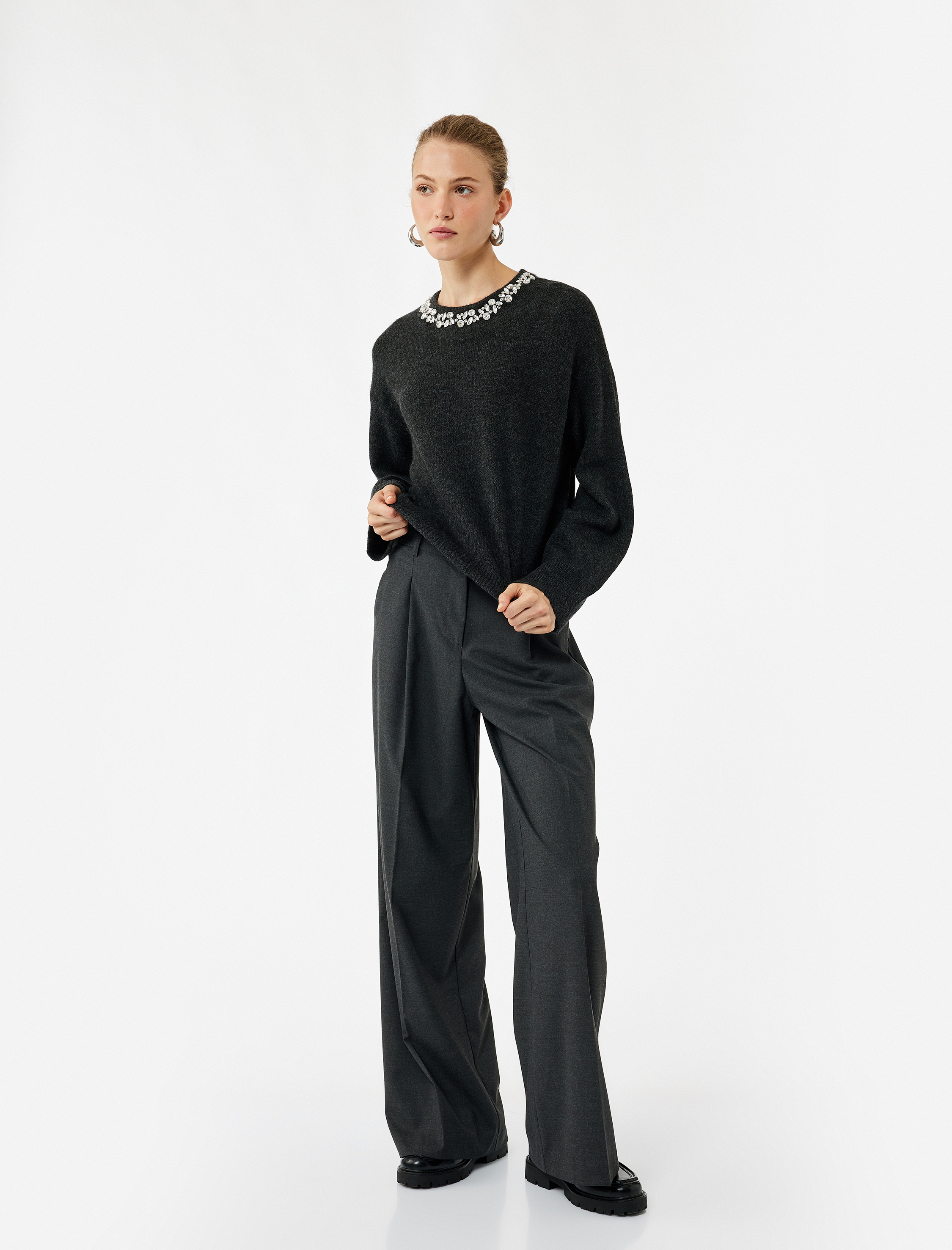   Uzun Kollu Bisiklet Yaka Taşlı Triko Kazak