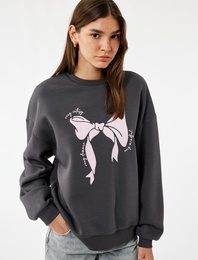 Uzun Kollu Bisiklet Yaka Şardonlu Fiyonk Baskılı Sweatshirt