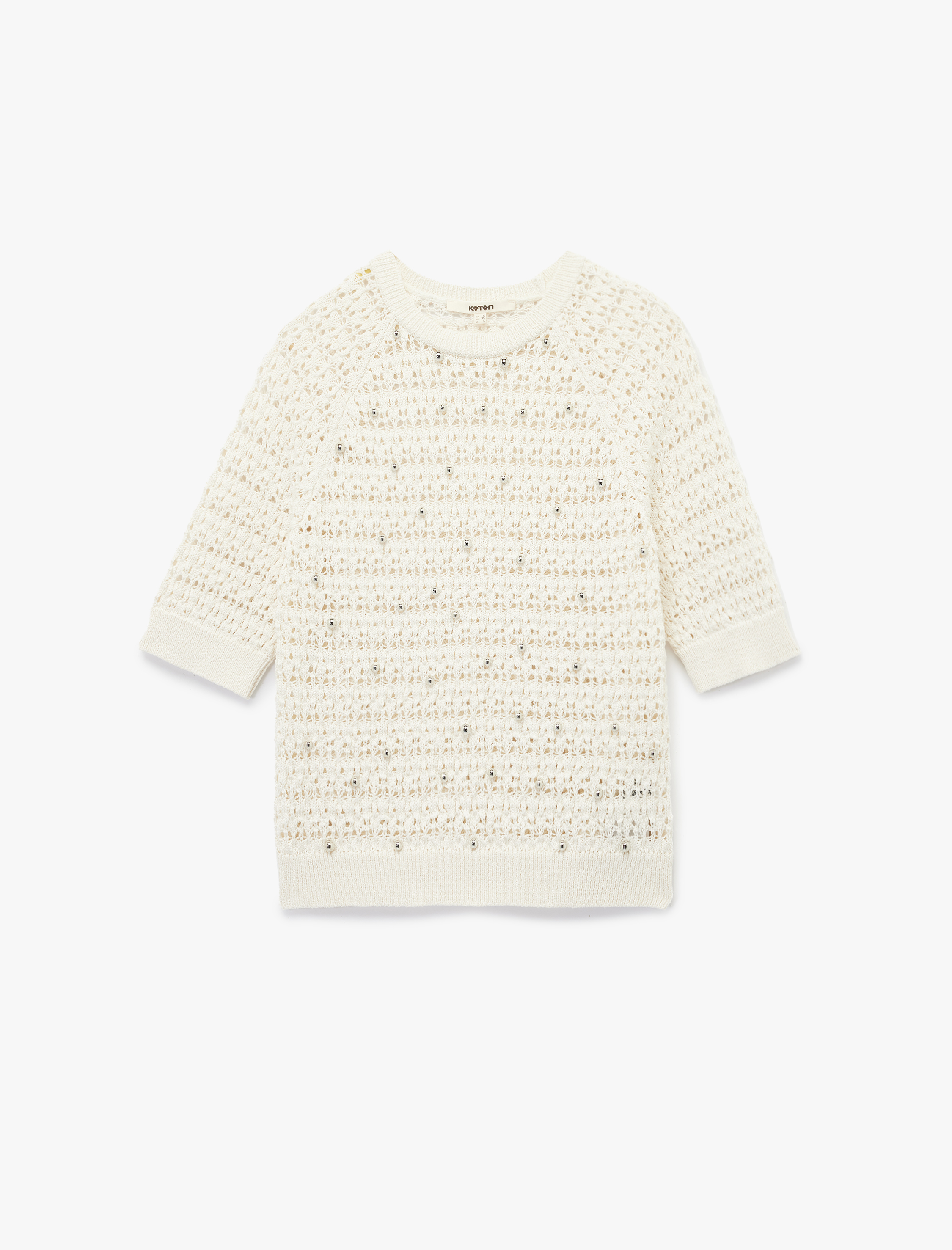   Kısa Kollu Bisiklet Yaka Boncuk İşlemeli Ajurlu Örgü Kazak