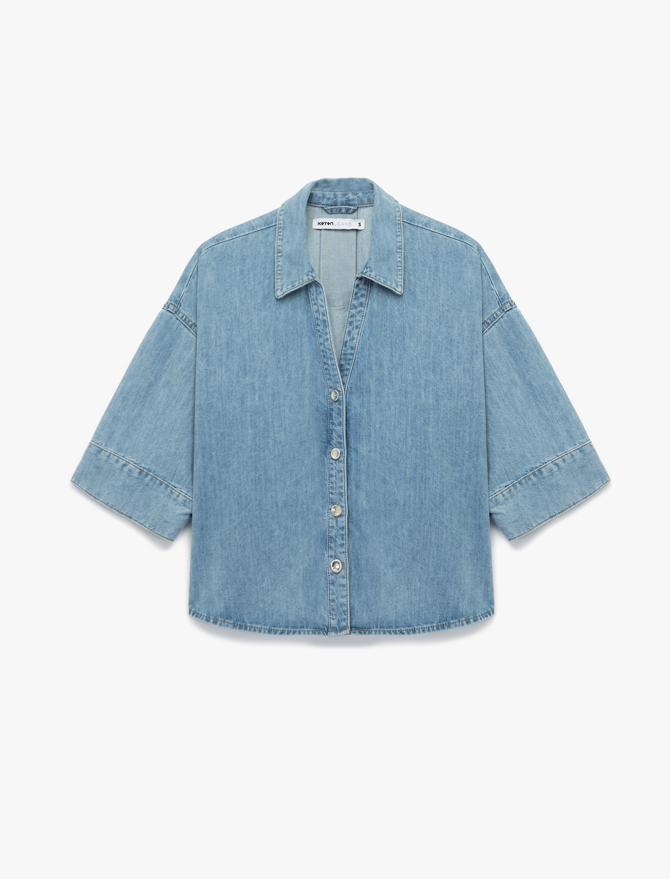   Oversize V Yaka Pamuklu Yarım Kollu Jean Gömlek