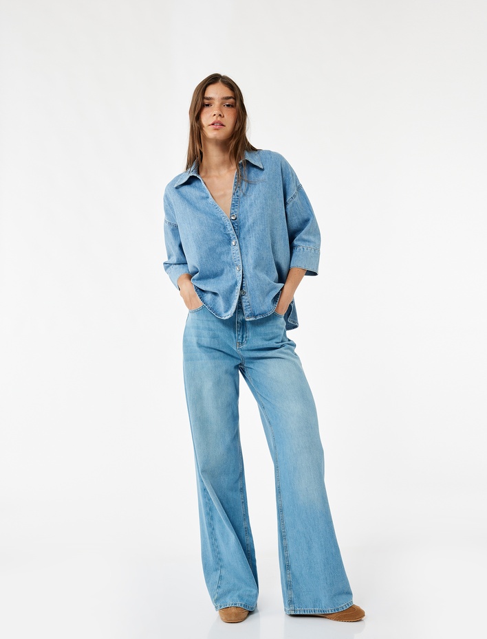  Oversize V Yaka Pamuklu Yarım Kollu Jean Gömlek