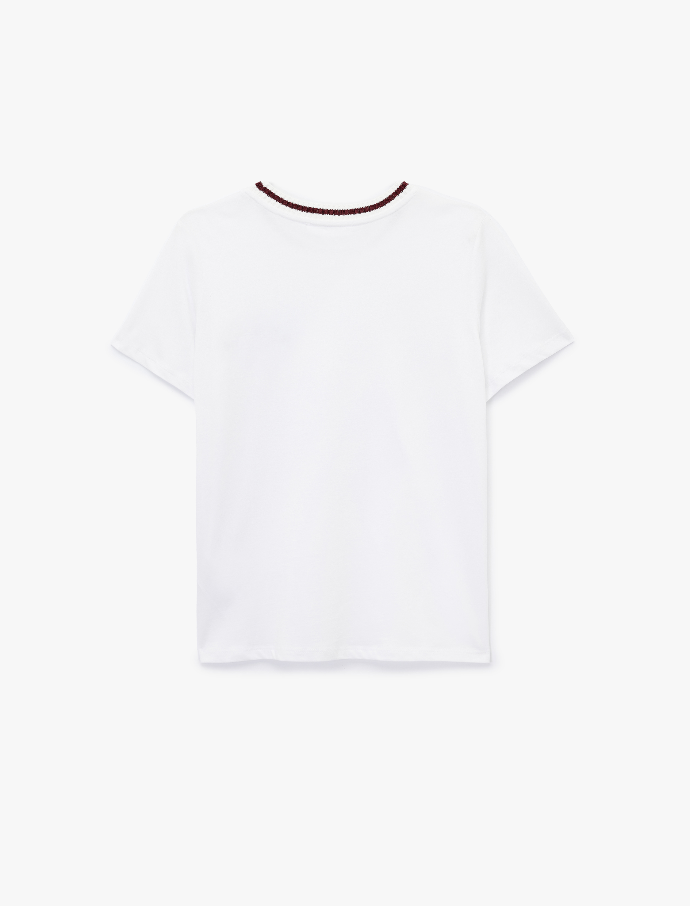 Kısa Kollu Yaka Detaylı Bisiklet Yaka Pamuklu İşlemeli Tişört