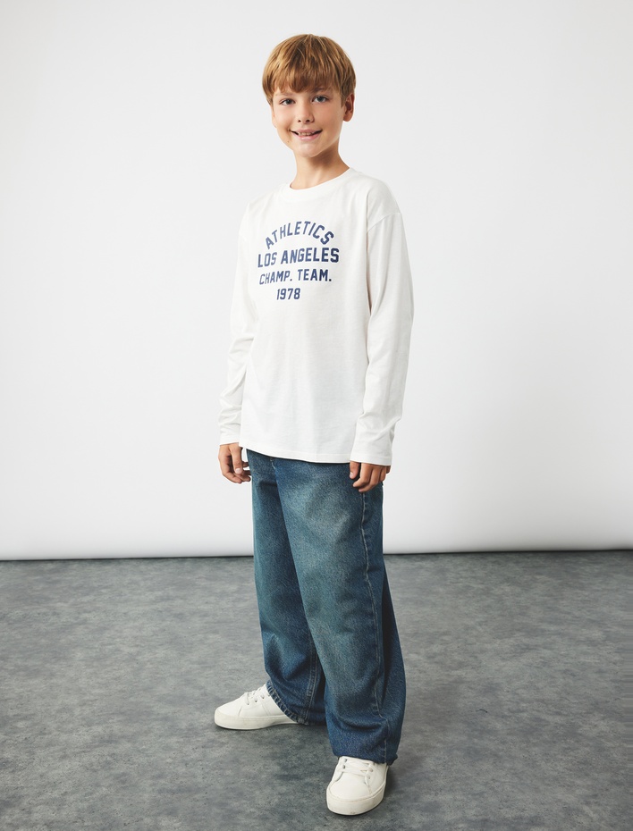 Erkek Çocuk Pamuklu Uzun Kollu Bisiklet Yaka Baskılı Tişört