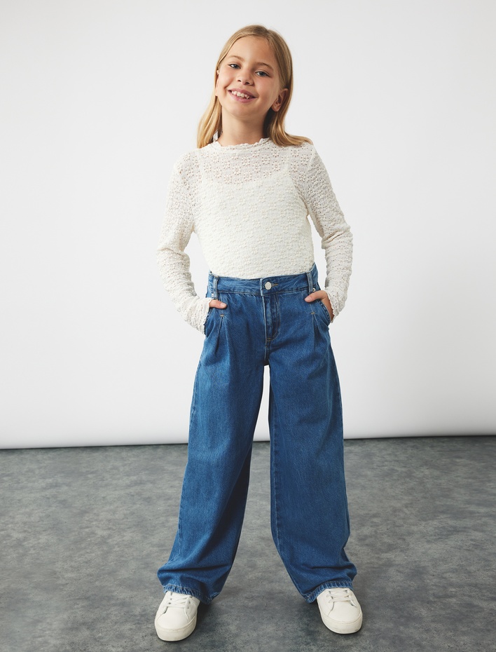 Kız Çocuk Uzun Kollu Dik Yaka Fırfır Detaylı Dokulu Crop Bluz