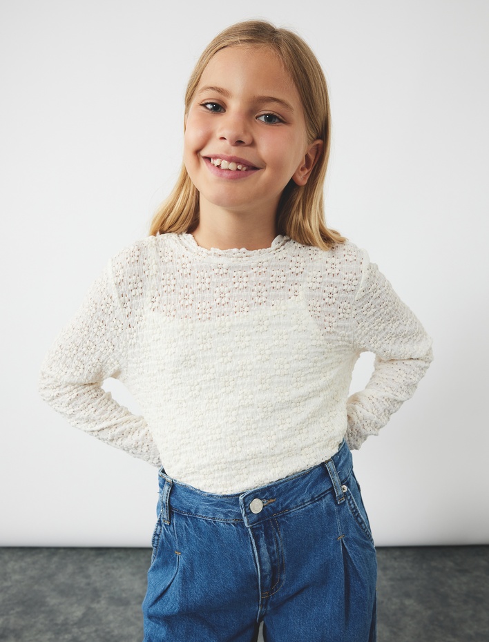 Kız Çocuk Uzun Kollu Dik Yaka Fırfır Detaylı Dokulu Crop Bluz