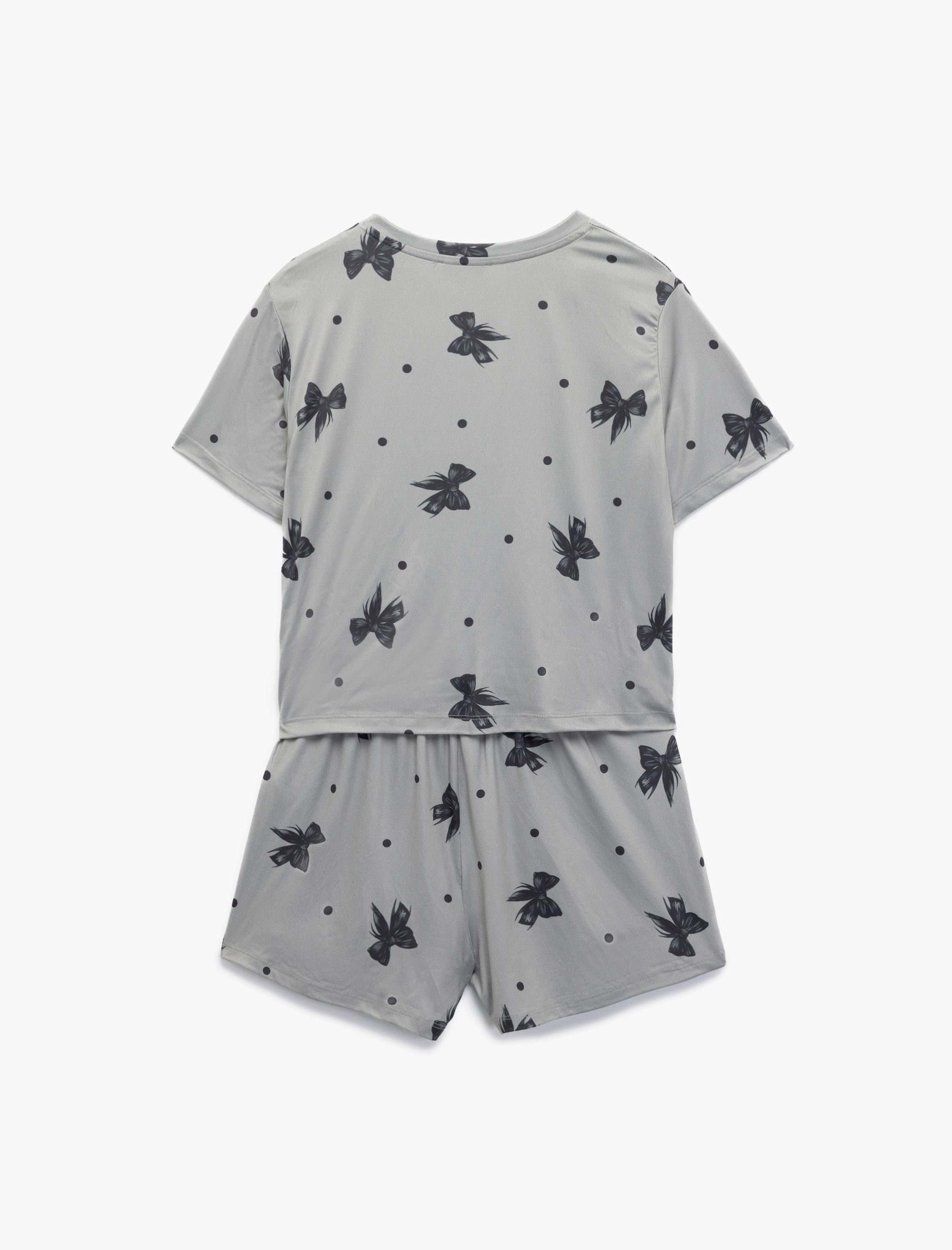   Kısa Kollu Bisiklet Yaka Fiyonk Baskılı Şortlu Pijama Takımı