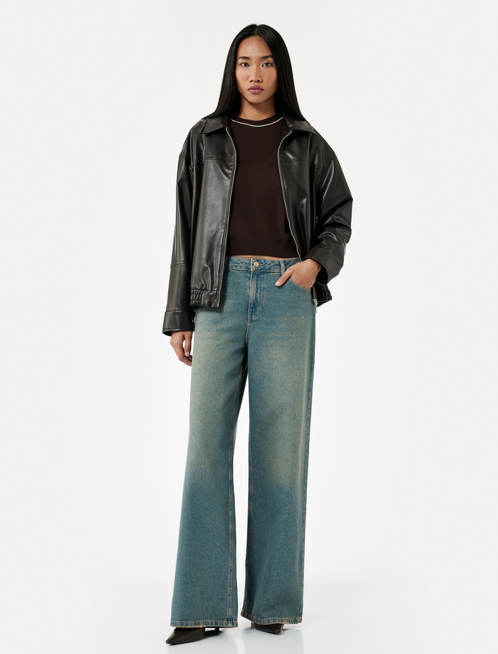  Düşük Bel Düz Paça Pamuklu Straight Yıkamalı Bol Jean Pantolon - Loose Straight Fit Jean