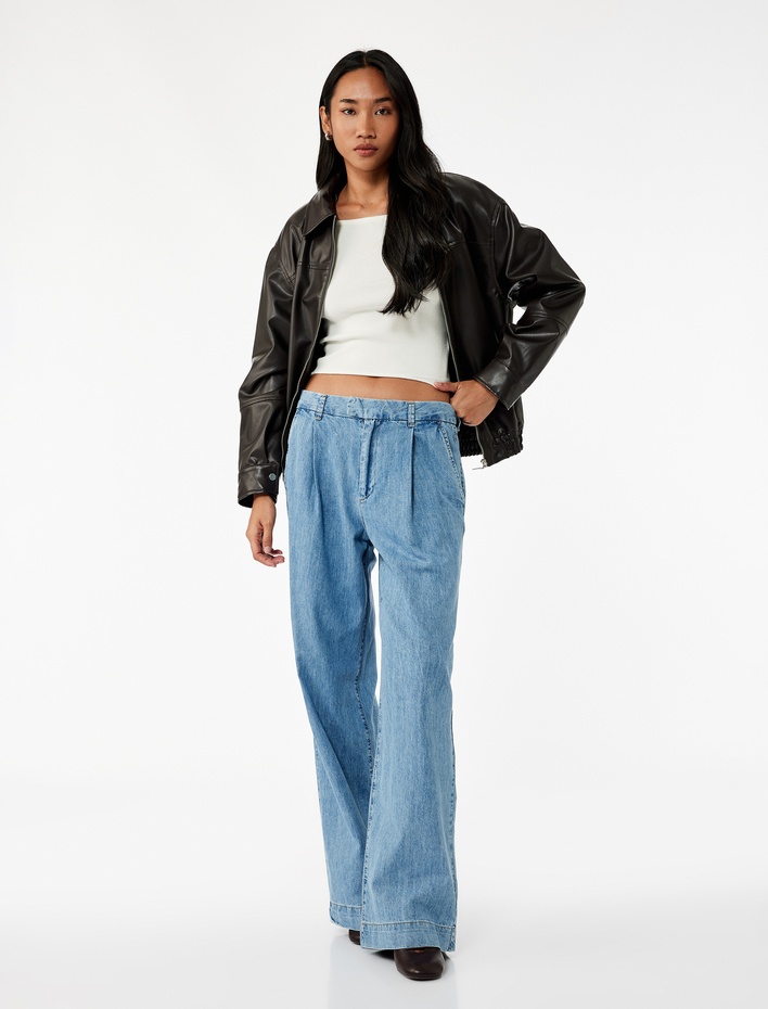  Pamuklu Kemer Detaylı Cepli Düğmeli Geniş Paça Jean Pantolon -  Wide Leg Jeans