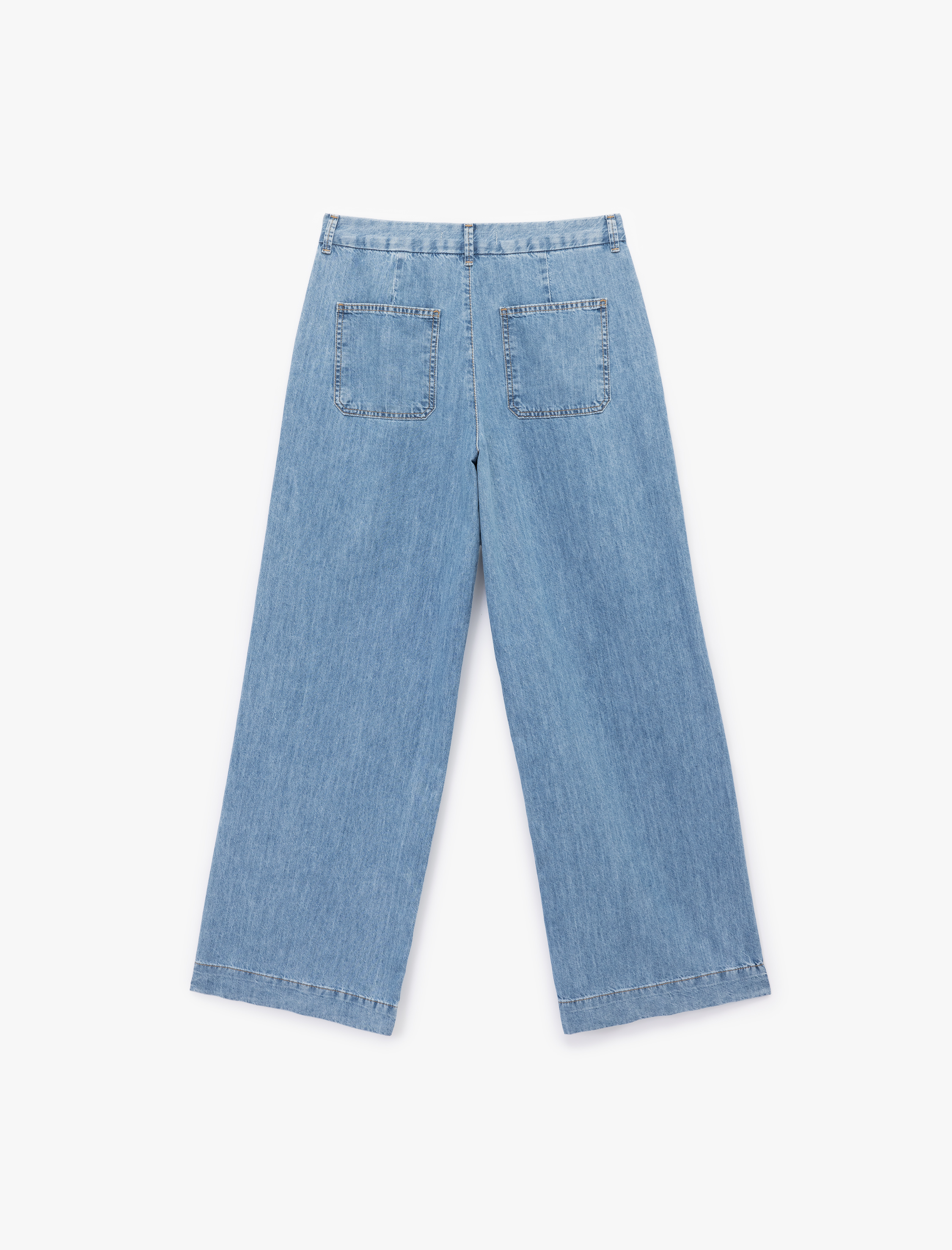   Pamuklu Kemer Detaylı Cepli Düğmeli Geniş Paça Jean Pantolon -  Wide Leg Jeans