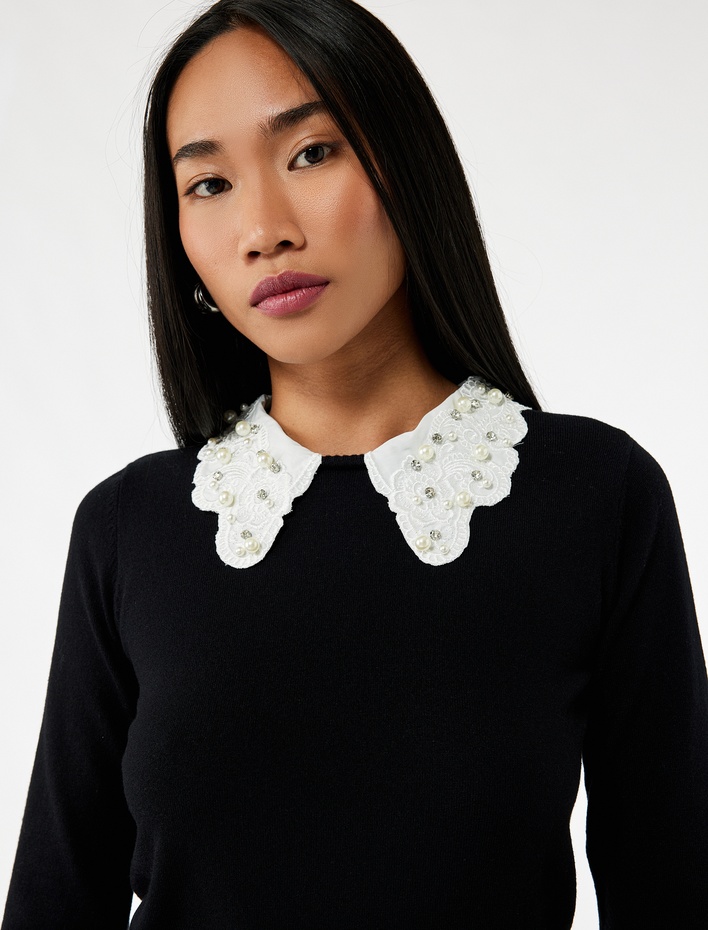  Uzun Kollu Bebe Yaka Taşlı Triko Kazak