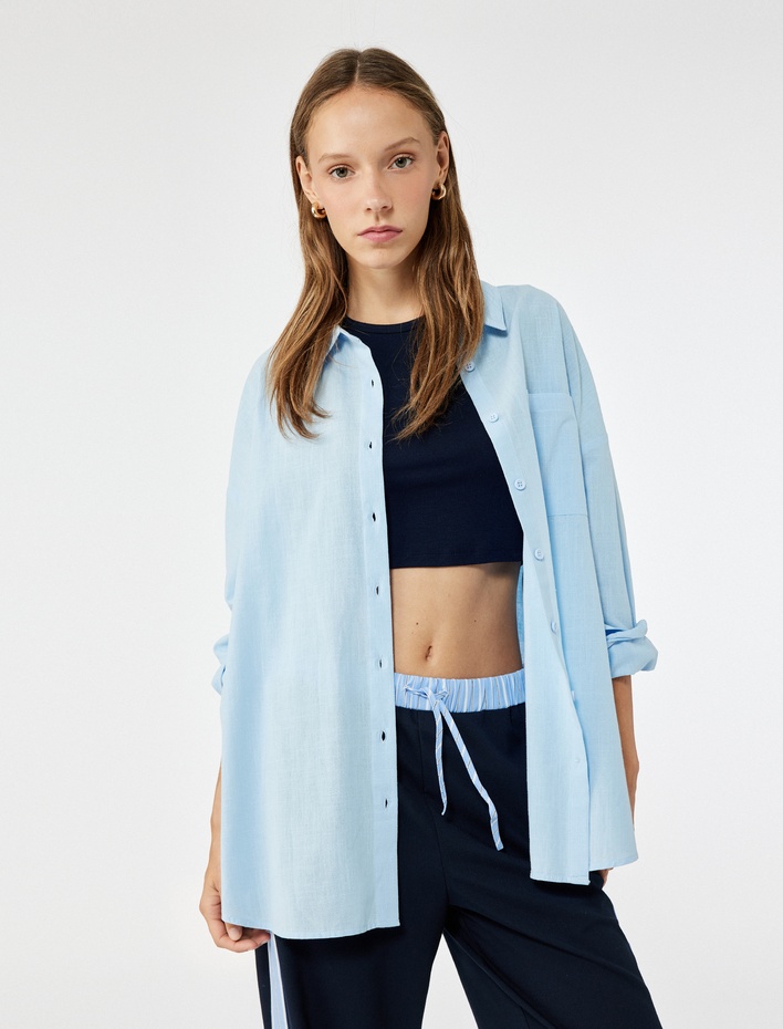  Pamuklu Klasik Yaka Düğmeli Uzun Kollu Oversize Gömlek