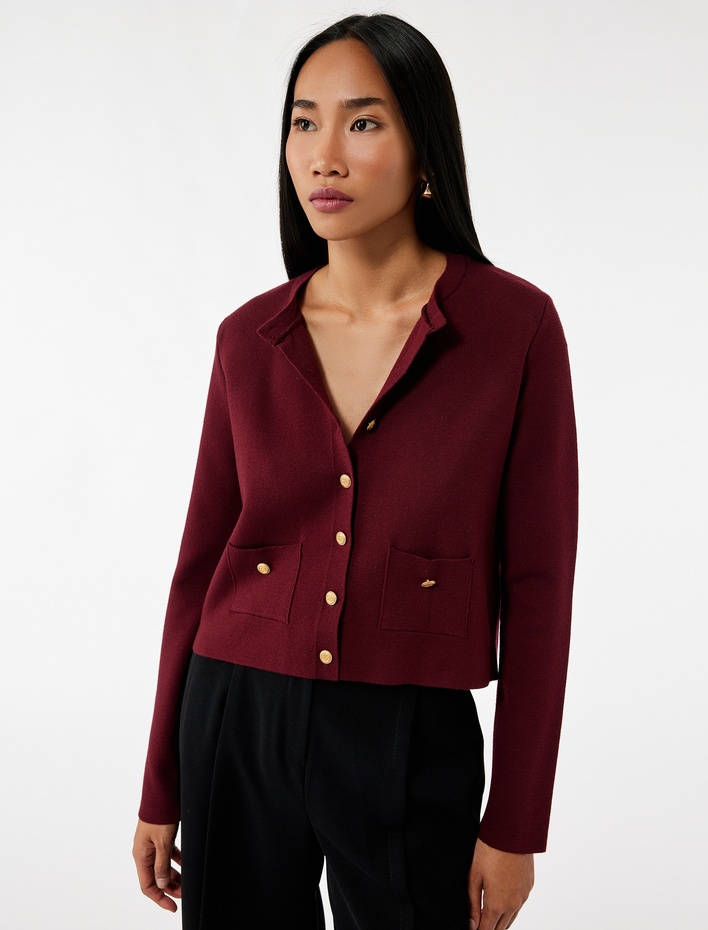  Cepli Gold Düğme Detaylı Uzun Kollu Bisiklet Yaka Triko Hırka